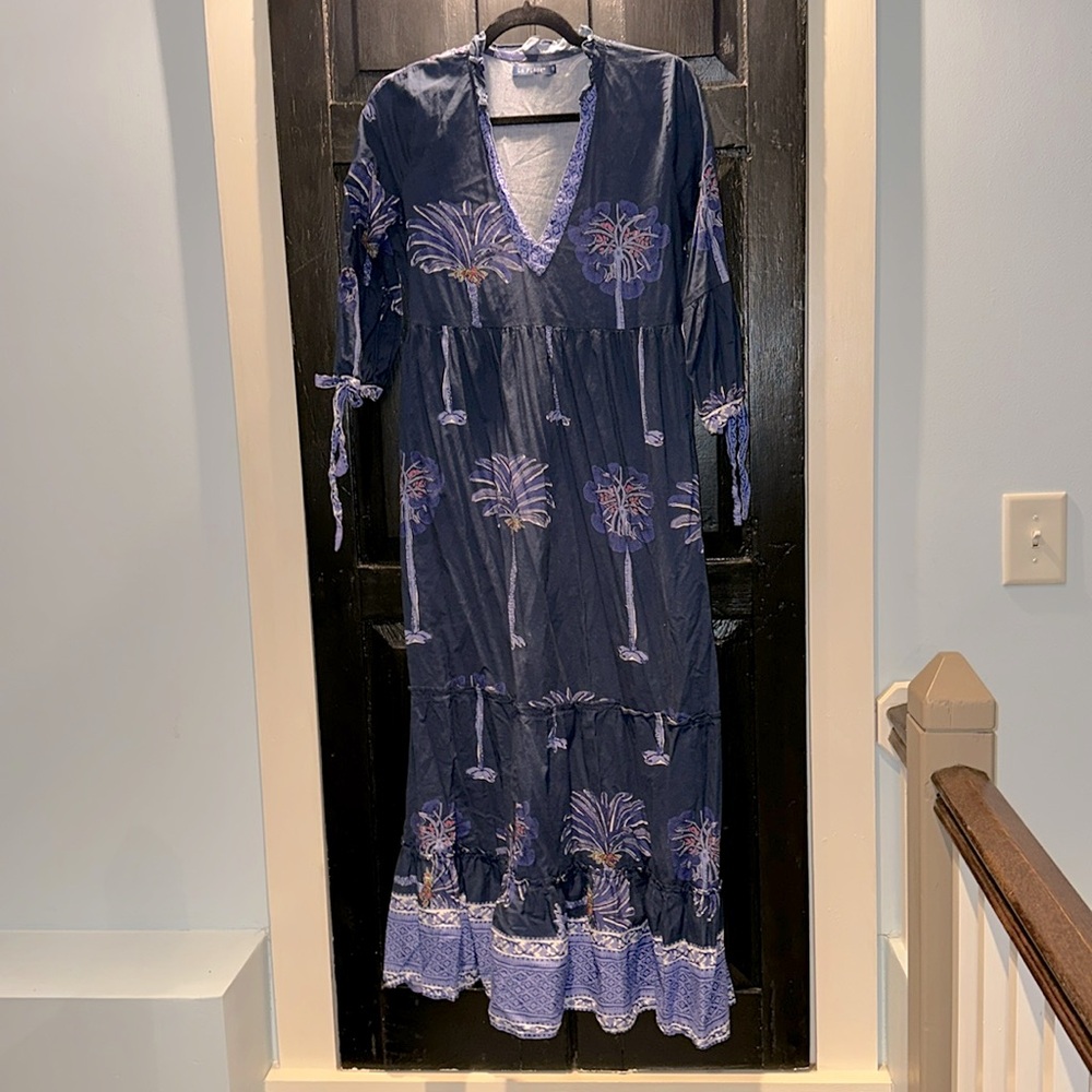 Flowy palm tree print full length cotton dress with pockets
